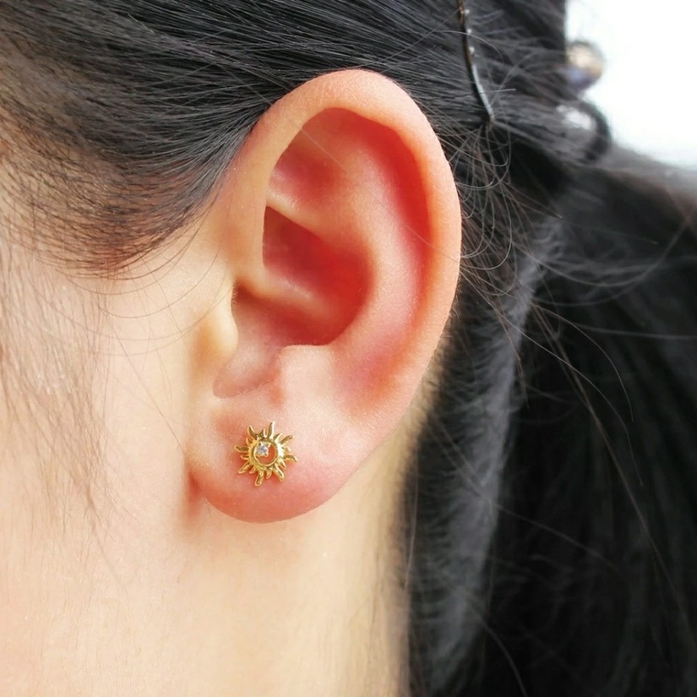 Tiny Dainty Gold CZ Sun Stud Earrings - Picture 7 of 7